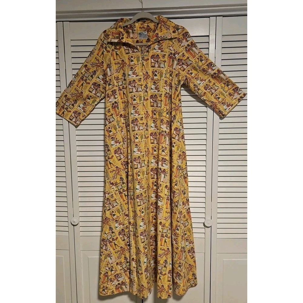 Vintage 60s‎ 70s Kaftan Dress W/Egyptian Pattern Print Sz L Zip W/3/4 Sleeves